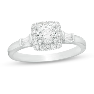 0.69 CT. T.W. Baguette and Round Diamond Cushion Frame Collar Engagement Ring in 14K White Gold