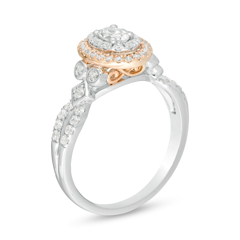 0.58 CT. T.W. Oval Diamond Double Frame Tri-Sides Engagement Ring in 14K Two-Tone Gold