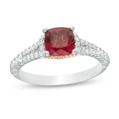 Enchanted Disney Mulan 6.0mm Cushion-Cut Rhodolite Garnet and 0.23 CT. T.W. Diamond Engagement Ring in 14K Two-Tone Gold