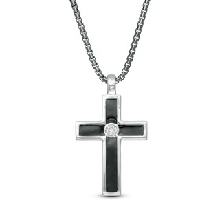 Vera Wang Men 0.145 CT. Diamond Solitaire Black Enamel Cross Pendant in Sterling Silver with Black Rhodium - 22"