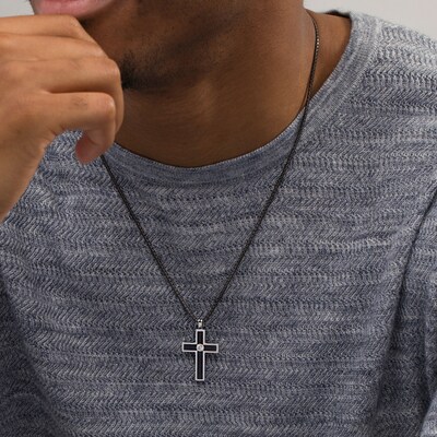 Vera Wang Men 0.145 CT. Diamond Solitaire Black Enamel Cross Pendant in Sterling Silver with Black Rhodium - 22"