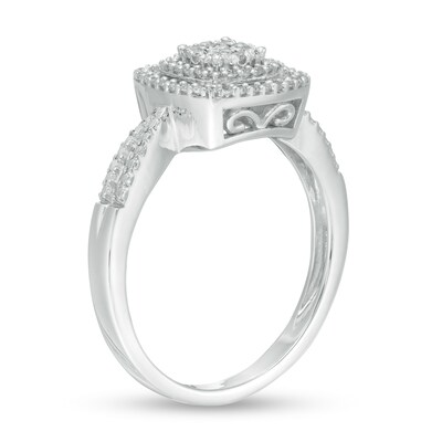 0.18 CT. T.W. Diamond Triple Cushion Frame Split Shank Promise Ring in Sterling Silver