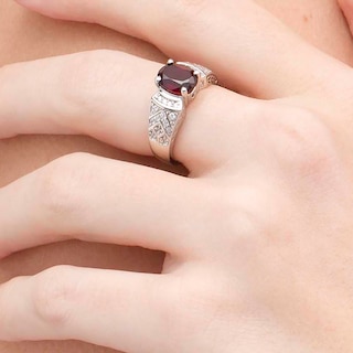 Oval Garnet and Lab-Created White Sapphire Celtic Pattern Ring in Sterling Silver