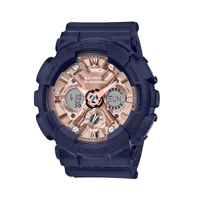 Ladies' Casio G-Shock Blue Resin Strap Watch with Rose-Tone Dial (Model: GMAS120MF-2A2)