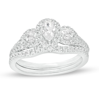 1.10 CT. T.W. Pear-Shaped Diamond Past Present Future® Frame Bridal Set in 14K White Gold