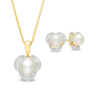 Freshwater Cultured Pearl and Lab-Created White Sapphire Earrings and Pendant Set in Sterling Silver with 14K Gold Plate