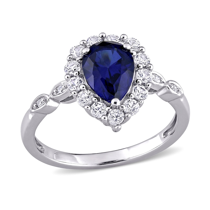Pear-Shaped Lab-Created Blue and White Sapphire and Diamond Accent Frame Ring in 10K White Gold