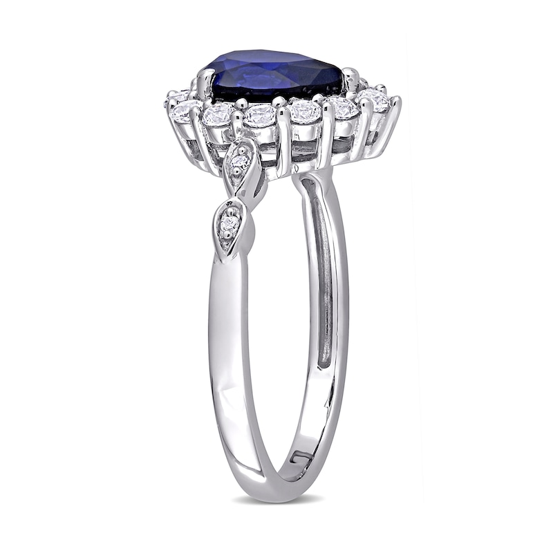 Pear-Shaped Lab-Created Blue and White Sapphire and Diamond Accent Frame Ring in 10K White Gold|Peoples Jewellers
