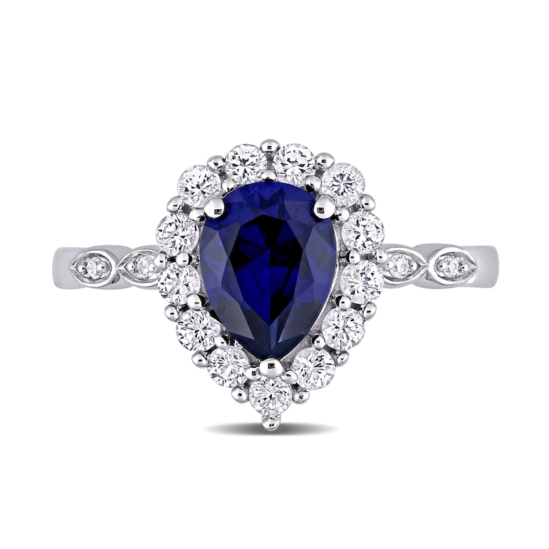 Pear-Shaped Lab-Created Blue and White Sapphire and Diamond Accent Frame Ring in 10K White Gold