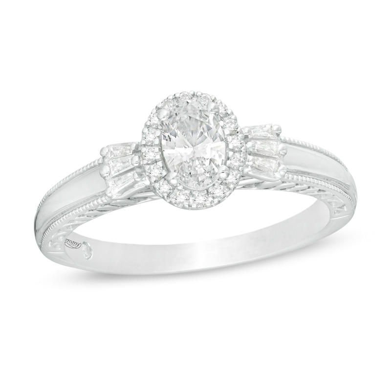 Emmy London 0.60 CT. T.W. Certified Oval Diamond Frame Vintage-Style Engagement Ring in 18K White Gold (F/VS2)|Peoples Jewellers
