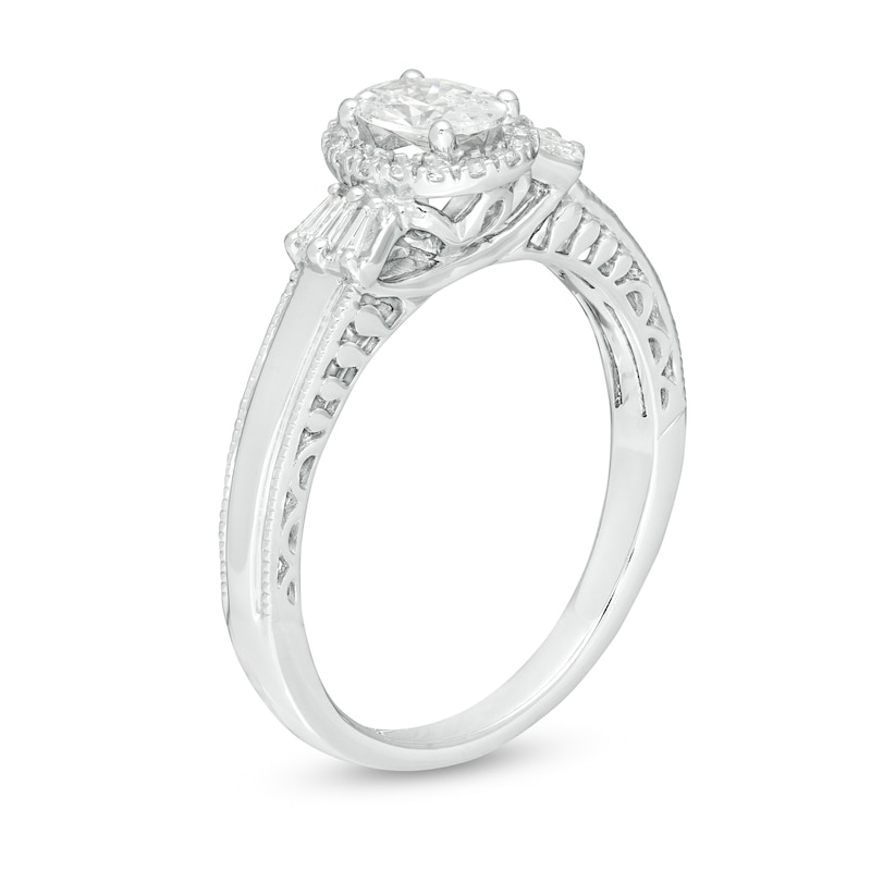 Emmy London 0.60 CT. T.W. Certified Oval Diamond Frame Vintage-Style Engagement Ring in 18K White Gold (F/VS2)|Peoples Jewellers