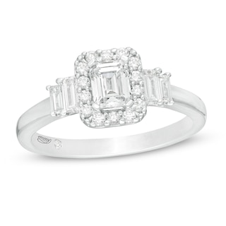 Emmy London 0.80 CT. T.W. Certified Emerald-Cut Diamond Frame Engagement Ring in 18K White Gold (F/VS2)