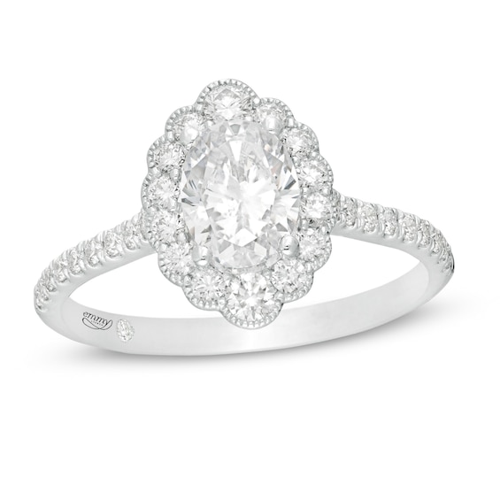 Emmy London 1.40 CT. T.W. Certified Oval Diamond Scallop Frame Vintage-Style Engagement Ring in 18K White Gold (F/VS2)