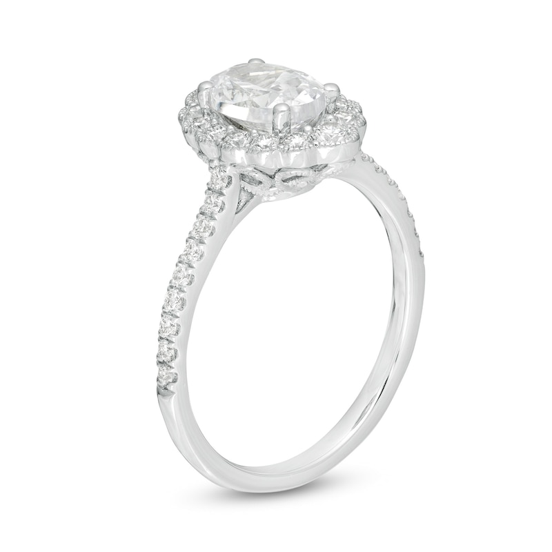 Emmy London 1.40 CT. T.W. Certified Oval Diamond Scallop Frame Vintage-Style Engagement Ring in 18K White Gold (F/VS2)|Peoples Jewellers