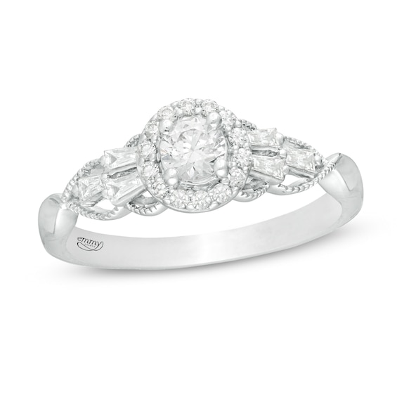 Emmy London 0.50 CT. T.W. Certified Diamond Frame Tri-Sides Vintage-Style Engagement Ring in 18K White Gold (F/VS2)