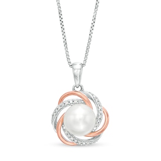 7.0mm Button Freshwater Cultured Pearl and Diamond Accent Love Knot Pendant in Sterling Silver and 14K Gold Plate