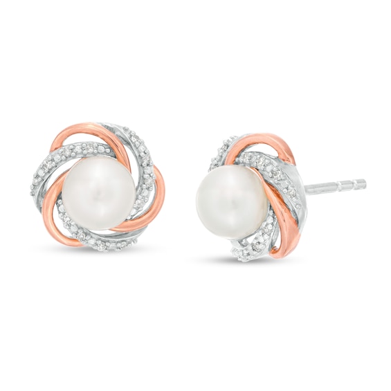 Button Freshwater Cultured Pearl and 0.05 CT. T.W. Diamond Love Knot Stud Earrings in Sterling Silver and 14K Gold Plate