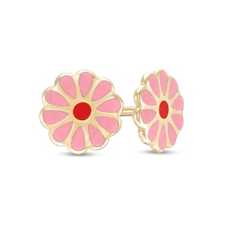 Child's Pink and Red Enamel Flower Stud Earrings in 10K Gold