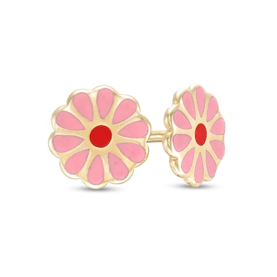 Child's Pink and Red Enamel Flower Stud Earrings in 10K Gold