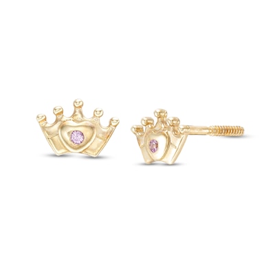 Child's Pink Cubic Zirconia Puff Heart Tiara Stud Earrings in 10K Gold