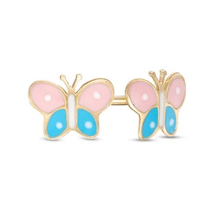 Child's Pink, Blue and White Enamel Butterfly Stud Earrings in 10K Gold