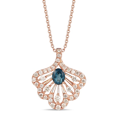 Le Vian® Oval Deep Sea Blue Topaz™ and Crème Brûlée Diamonds™ 0.59 CT. T.W. Diamond Fan Pendant in 14K Strawberry Gold™