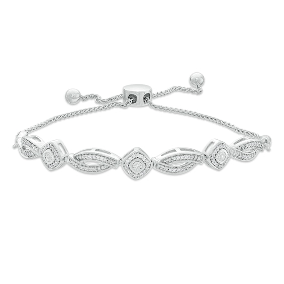 0.23 CT. T.W. Diamond Tilted Cushion Frame Alternating Bolo Bracelet in Sterling Silver - 9.5"