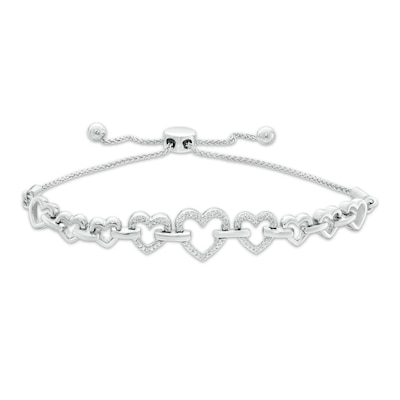 0.04 CT. T.W. Diamond Alternating Heart Link Bolo Bracelet in Sterling Silver - 9.5"