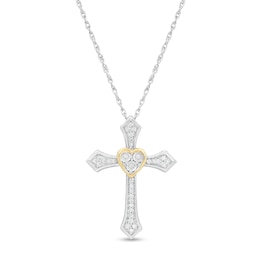 0.115 CT. T.W. Diamond Flared Cross with Heart Pendant in Sterling Silver and 10K Gold