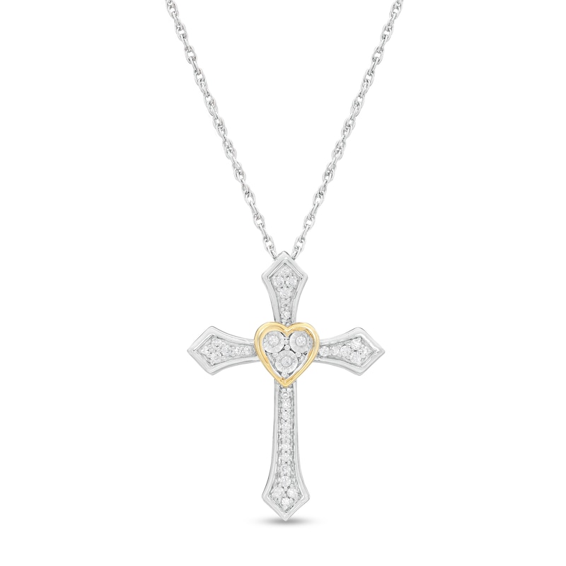 0.115 CT. T.W. Diamond Flared Cross with Heart Pendant in Sterling Silver and 10K Gold|Peoples Jewellers