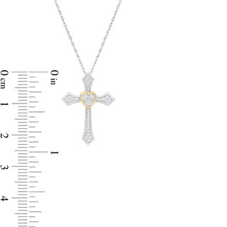 0.115 CT. T.W. Diamond Flared Cross with Heart Pendant in Sterling Silver and 10K Gold