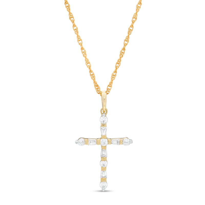 0.18 CT. T.W. Baguette and Round Diamond Cross Pendant in 10K Gold ...