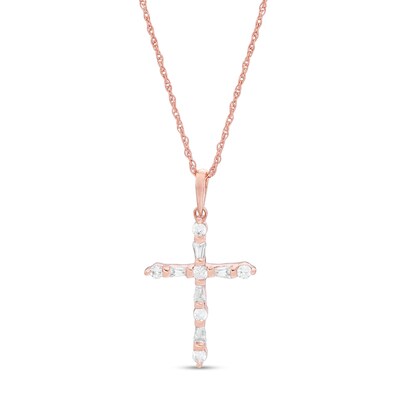 0.18 CT. T.W. Baguette and Round Diamond Cross Pendant in 10K Rose Gold