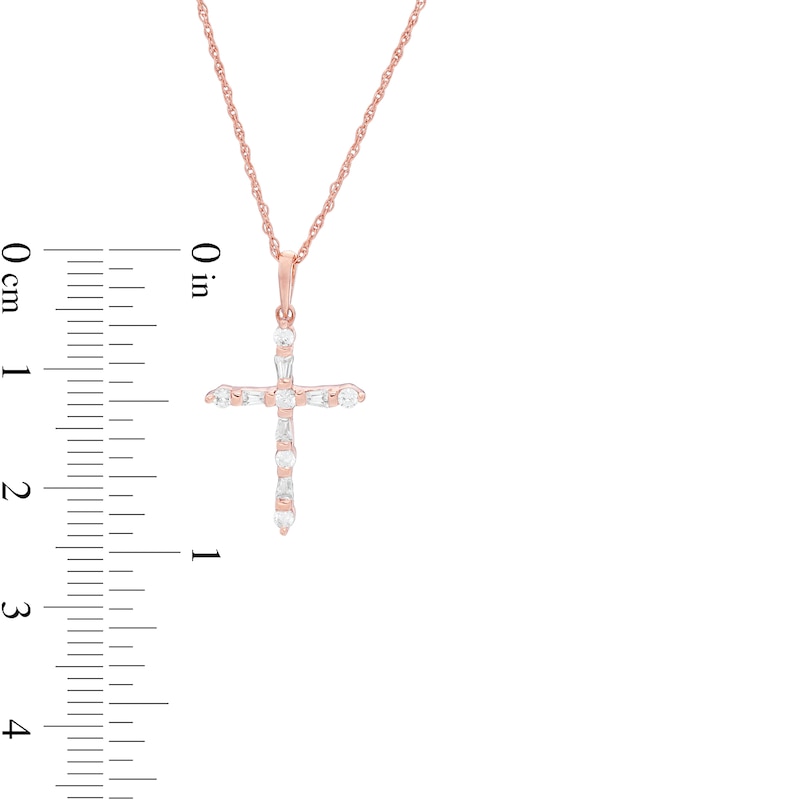 0.18 CT. T.W. Baguette and Round Diamond Cross Pendant in 10K Rose Gold