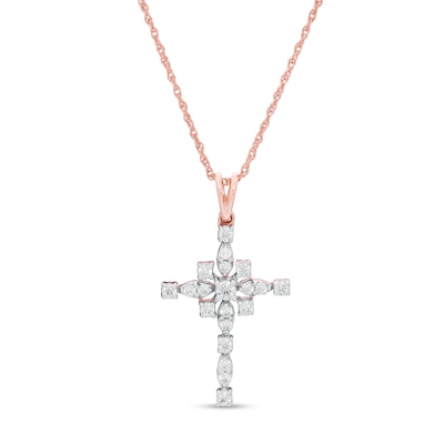 0.23 CT. T.W. Diamond Art Deco Cross Pendant in 10K Rose Gold