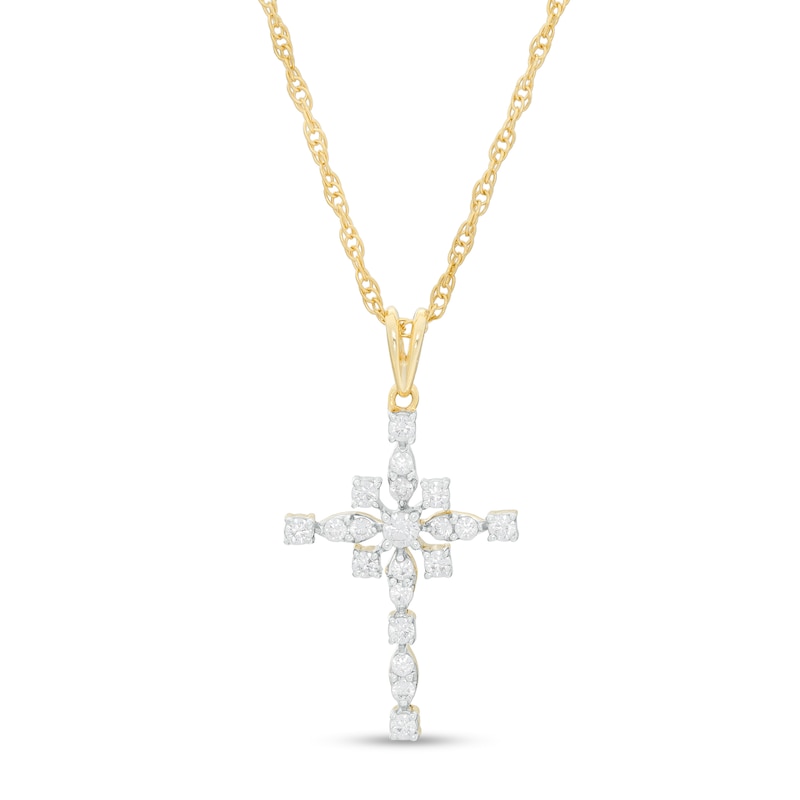 Main Image 1 of 0.23 CT. T.W. Diamond Art Deco Cross Pendant in 10K Gold