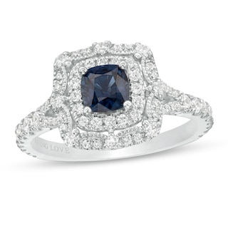 Vera Wang Love Collection Certified Cushion-Cut Sapphire and 0.58 CT. T.W. Diamond Engagement Ring in 14K White Gold