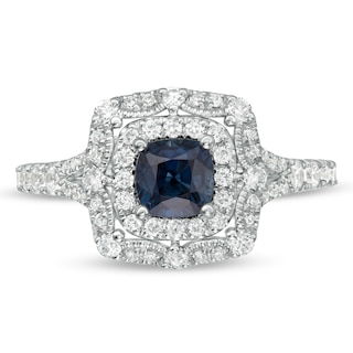 Vera Wang Love Collection Certified Cushion-Cut Sapphire and 0.58 CT. T.W. Diamond Engagement Ring in 14K White Gold