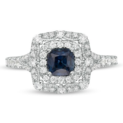 Vera Wang Love Collection Certified Cushion-Cut Sapphire and 0.58 CT. T.W. Diamond Engagement Ring in 14K White Gold