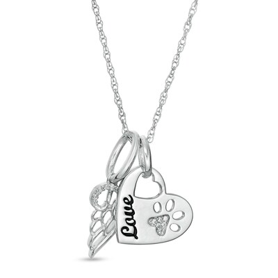 1/15 CT. T.W. Diamond Engravable Cut-Out Paw Print Heart and Angel Wing Charm Pendant in Sterling Silver (1 Line)