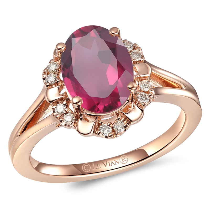 Le Vian® Oval Raspberry Rhodolite™ and Crème Brûlée Diamonds™ 0.11 CT. T.W. Diamond Frame Ring in 14K Strawberry Gold™|Peoples Jewellers