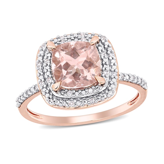 7.0mm Cushion-Cut Morganite and 0.09 CT. T.W. Diamond Double Frame Ring in 14K Rose Gold