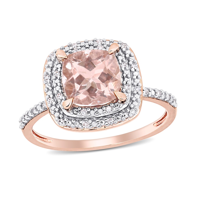 7.0mm Cushion-Cut Morganite and 0.09 CT. T.W. Diamond Double Frame Ring in 14K Rose Gold|Peoples Jewellers