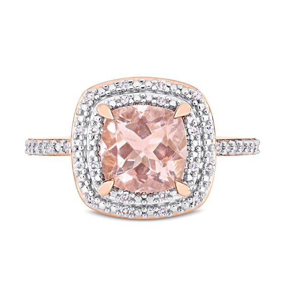 7.0mm Cushion-Cut Morganite and 0.09 CT. T.W. Diamond Double Frame Ring in 14K Rose Gold