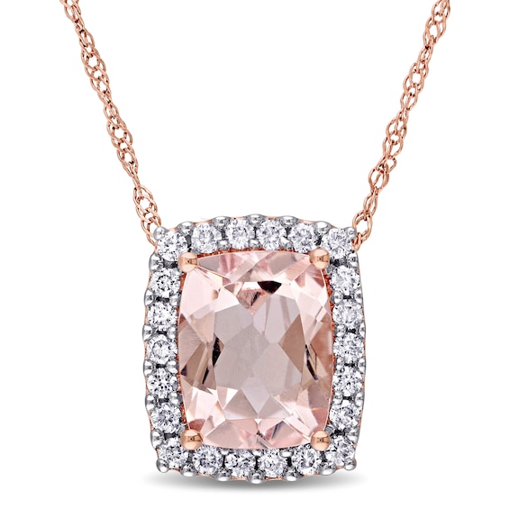 Elongated Cushion-Cut Morganite and 0.24 CT. T.W. Diamond Frame Pendant in 14K Rose Gold - 17"