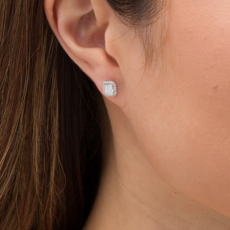 0.95 CT. T.W. Certified Emerald-Cut Diamond Frame Stud Earrings in 14K White Gold (I/SI2)|Peoples Jewellers