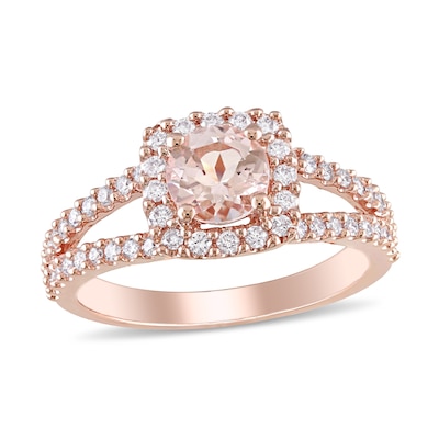 6.0mm Morganite and 0.48 CT. T.W. Diamond Square Frame Split Shank Ring in 14K Rose Gold