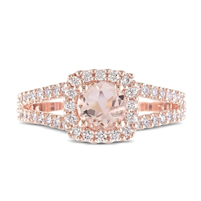 6.0mm Morganite and 0.48 CT. T.W. Diamond Square Frame Split Shank Ring in 14K Rose Gold