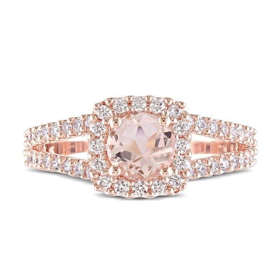 6.0mm Morganite and 0.48 CT. T.W. Diamond Square Frame Split Shank Ring in 14K Rose Gold