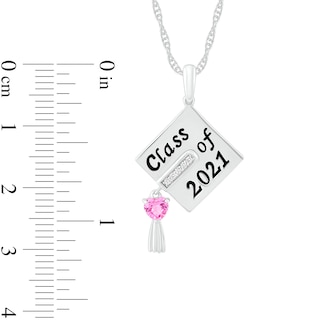 Heart-Shaped Simulated Birthstone and Diamond Accent Graduation Cap Pendant in Sterling Silver (1 Stone and 3 Lines)